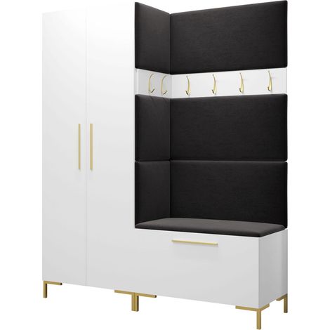 Meuble d'entrée Nomal I, Blanc, 196x158x44cm, Tissu, Stratifié, À poser, Murale