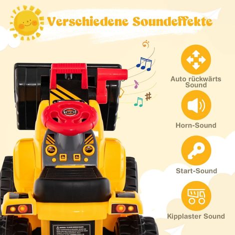 Elektrischer Kinder-Aufsitzbagger mit Stauraum und Bügel, Gelb
