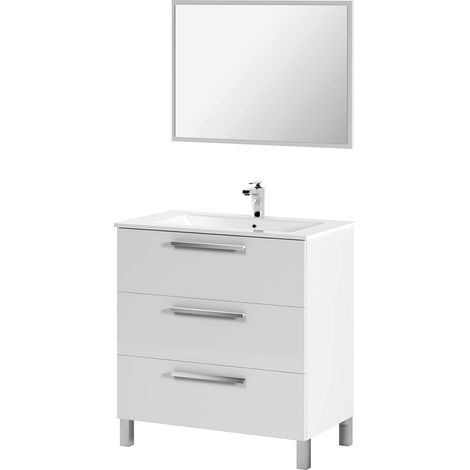 Meuble sous-vasque, Meuble de salle de bain, armoire 3 tiroirs et miroir, lavabo non inclus, 80x45h86 cm, Blanc brillant (1/5)