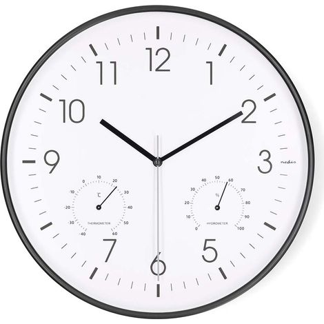 Nedis Wanduhr / Durchmesser: 300 mm / Kunststoff / Leise Bewegung / Thermometer (Temperatur) / Hygrometer / Schwarz / Weiss