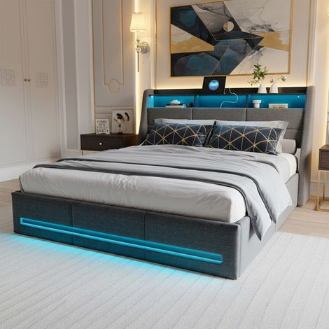 Cama con cofre - 140x200 cm - LED integrada - Almacenamiento hidráulico - Tela de lino gris