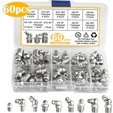 60 Pièces graisseur a visser, Assortiment Graisseur M6 M8 M10, Droit Graisse Raccord 45° 90° 180°, avec Boîte en Plastique, pour Équipement Mécanique, Embout de Graissage Fixations (1/5)