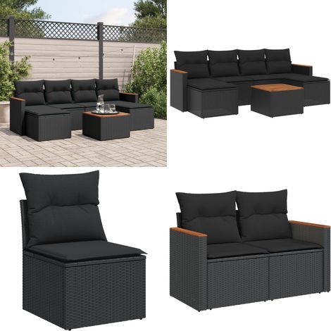 Salon de jardin 7 pcs avec coussins noir résine tressée - Ensemble Salon De Jardin - Mobilier Extérieur - Jardin Design - Chaise Lounge - Set Salon - Home & Living (1/5)