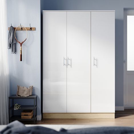 ELEGANT Wardrobes 3 Door High Gloss Door with Large Storage Bedroom Furniture Capacity Multi Compartment White/Oak 1200 x 500 x 1800mm