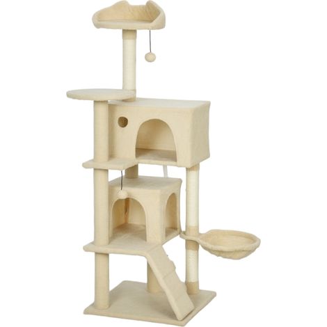 Arbre à chat 140 cm avec hamac, échelle, niche, balles en peluche et poteaux en sisal beige (1/5)