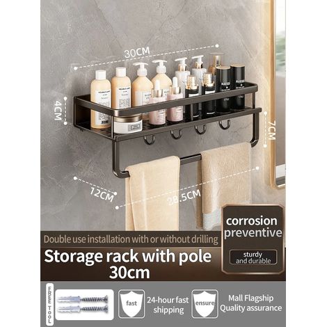 Étagère murale en aluminium (noir, 30 cm) pour salle de bain, rangement pour shampoing, organisateur de cuisine. (1/5)