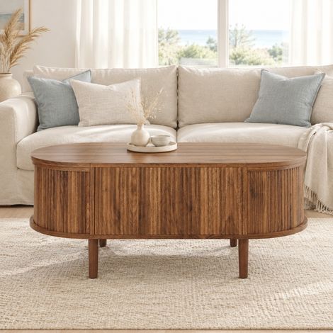 Höhenverstellbarer ovaler Couchtisch aus MDF, Nussbaumfarbe, 100 x 48 x 53,5 cm (1/5)