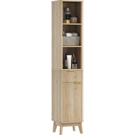 Colonne salle bain haute étagères tiroirs design compact fonctionnel espaces réduits, 33x30x170 cm, ton bois (1/5)