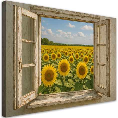 Wandbild Blick aus dem Fenster Sonnenblumenfeld Shabby Chic 60x40 cm (1/5)