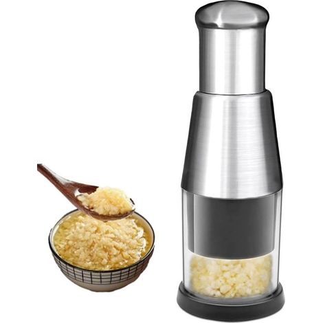 Picadora manual, Prensa de ajos manual, Acero inoxidable, Picadora de alimentos, Cortadora de ajos compacta, cebollas y pimientos, Plateada (1/5)
