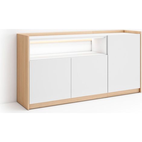 Skraut Home - Credenza, Mobile, Cucina, Madia, mobile ingresso, 156x37x80cm, 3 Porte, LED, Stile moderno, Bianco e Rovere soft (1/5)