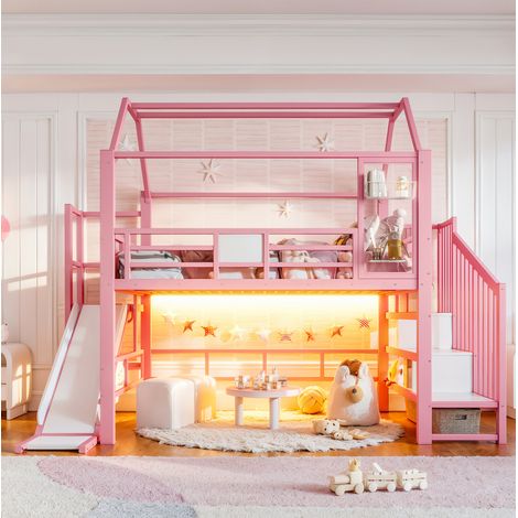 Cama alta infantil 140 x 200 cm en forma de casa, rosa, con tobogán, escalera con almacenaje y luz LED por Bluetooth, estructura de metal y MDF  FLORAGRACE (1/5)