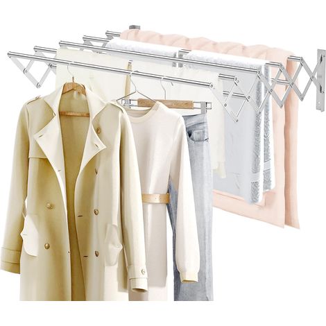 80cm Stainless Steel Folding Wall Mounted Clothes Airer, Accordion Retractable Clothes Airer with 7 Bars, Heavy Duty Space Saving Towel Rack for Laundry Room, Bathroom and Balcony, Silver (1/5)
