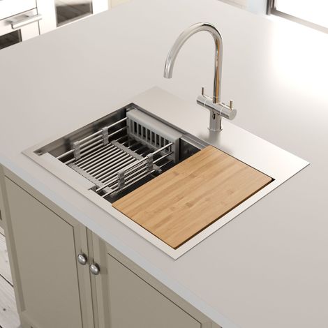 ArtiKitch 1 Bowl Kitchen Sink Undermount Inset Stainless Steel Drainer Chopping & Waste (1/5)
