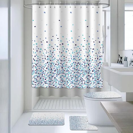 Ensemble de 4 rideaux de douche en mosaïque avec tapis antidérapants, housse moderne pour abattant de toilette et tapis de bain, rideau de bain pour décoration de salle de bain (crochets (1/5)