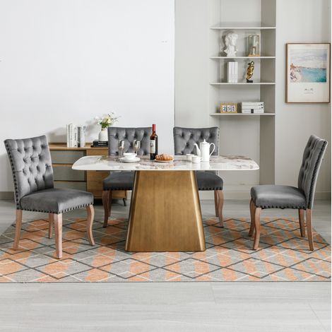 Silla comedor de terciopelo gris con respaldo capitoné, tachuelas de cobre, patas de madera y tacos ajustables, estilo moderno para salón, comedor y lectura CHICFURN (1/5)