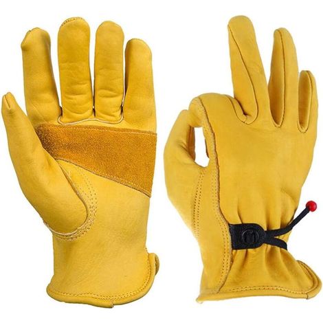 Gants de jardinage sécurité avec revêtement travail Jardin Grip travail enduits nitrile en cuir pour hommes de avec boucle et ruban adhésif de poignet, 1 paire en fibre de peau de vache-Jaune,M (1/5)