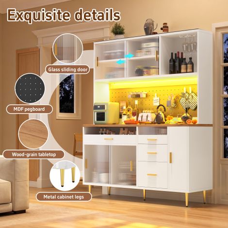 Vitrine Haute 171cm Porte Coulissante en Verre, Éclairage LED App Musical, Étagère à Vin et Tiroir à Verres, Panneau Perforé, Blanc pour Salon Cuisine (1/5)