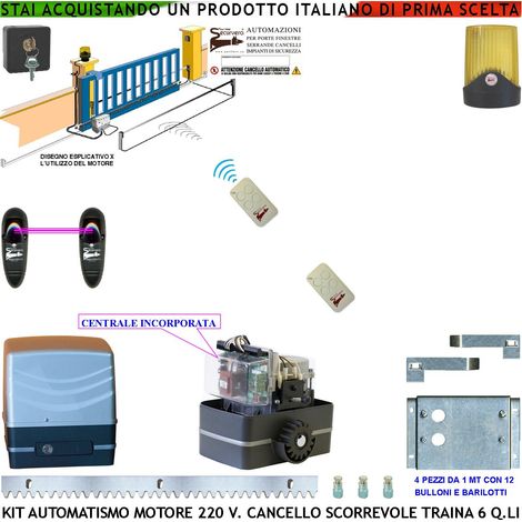 Kit Automatismo 230 V Per Cancello Scorrevole Traina 6 Q.li Centrale 2 Radiocomandi Faro Selettore Coppia Fotocellule Pignone Acciaio M4 Z12 Fine Corsa Elettromeccanico 4 Metri Cremagliera In Acciaio (1/4)