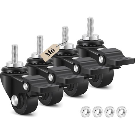25mm Roulettes Pivotantes avec Frein, Tige Fileté M6 x 1,0x 15mm, TPR Roulettes pour Meubles Noir, Charge 40KG, Silencieux (1/5)