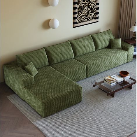 Canapé d'angle modulable 340x175x83 cm en tissu vert, gain de place pour salon FloraGrace (1/5)