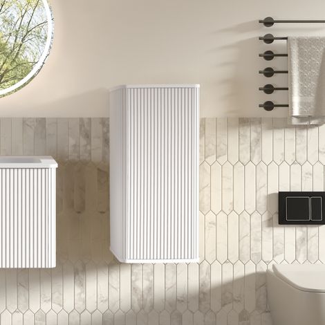 Meuble de salle de bain mural blanc, meuble de salle de bain suspendu avec design rainuré, meuble de rangement mural pour petits espaces (1/5)