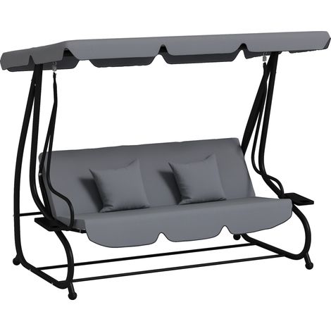 Balancelle Brackenbury 3 Places Convertible Lit Jardin Terrasse Gris Noir