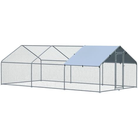 Gallinero metálico exterior con cubierta de tela Oxford, 600 x 303,5 x 195 cm, color plata. (1/5)