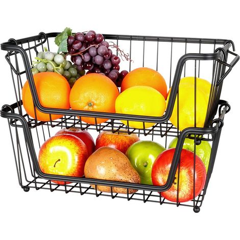 Cesto per frutta e verdura, metallo, nero, loft, set da 2, 32x20x13,5 cm