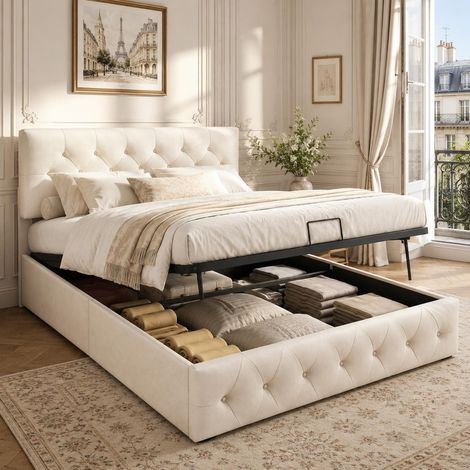 Stauraumbett 140x200 cm, gepolstertes Doppelbett mit hydraulischem Bettkasten, Samt-Bettgestell mit verstellbarem Kopfteil, Beige (1/5)