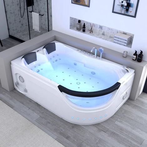 Distribain – Baignoire balnéo asymétrique 2 places 180x121x65cm – 36 jets hydromassage – Acrylique renforcé – Chromothérapie et radio FM
