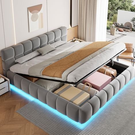 Cama tapizada 180x200 con almacenamiento y LED gris OKMYHOME (1/5)