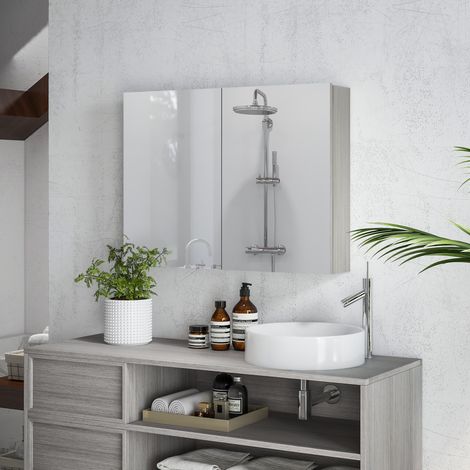 Badezimmer-Wandschrank mit Spiegel, Badezimmermöbel, Doppeltüren und verstellbaren Einlegeböden, 80 x 15 x 60 cm, grau