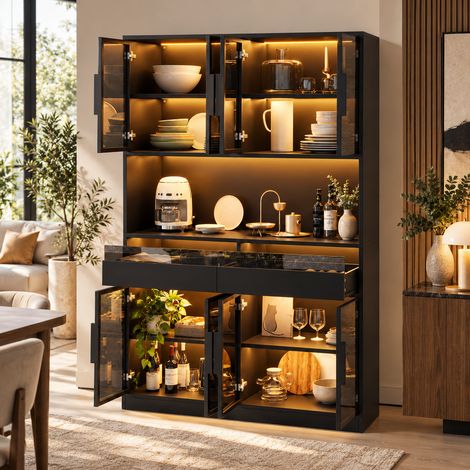 Vitrine LED 120x40x180 cm avec 8 Portes en Verre Trempé, 2 Tiroirs et Niche Ouverte, Meuble Vitrine en MDF et Verre, Gris (1/5)