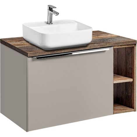Waschtischunterschrank 80cm mit Regal & Keramikbecken PUEBLA-56-TAUPE in taupe mit Vintage Oak, B/H/T ca.: 80,4/62,5/46 cm (1/5)
