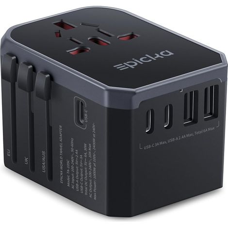 Adaptateur Prise Universelle de Voyage, Prise Universelle Voyage 30W, Adaptateur Universel de Voyage avec 2 USB et 3 USB C, Adaptateur International vers USA Japon Canada UK Francais, Noir (1/5)