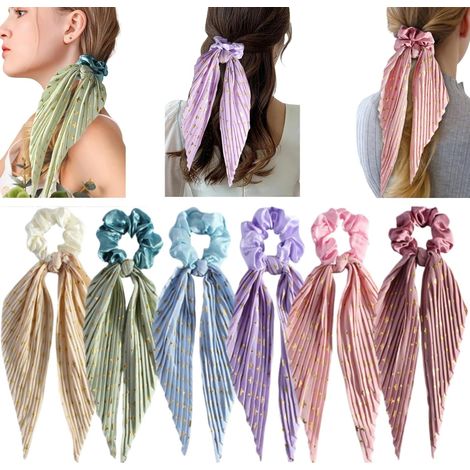6 bunte Haargummis mit Schleifen, Haargummis aus Satin mit langen Glitzerbändern – Haaraccessoires für Frauen und Mädchen – 6 farbenfrohe Stück (1/5)