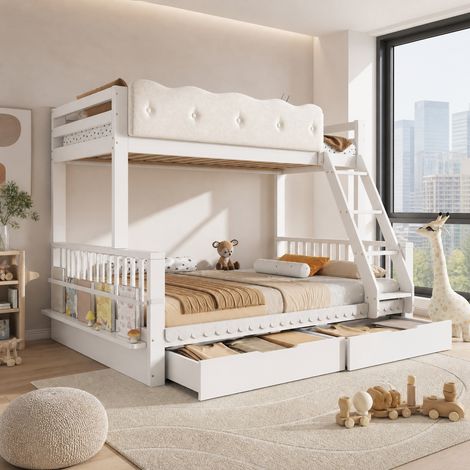 Letto a castello per bambini 90x200 e 140x200 cm con cassetti e portariviste, bianco, OKWISH (1/5)