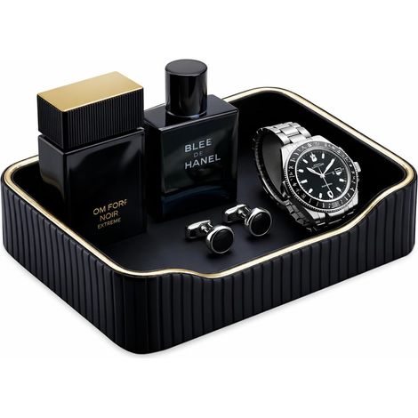 Plateau de valet en cuir, petit plateau décoratif pour salle de bain, table de chevet, table basse - Bol à clés pour couloir (noir) (1/5)
