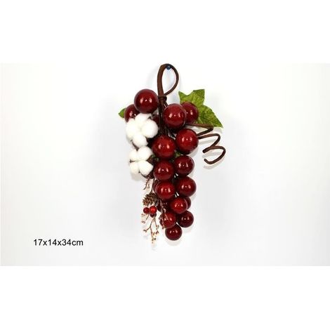 Decorazione Natale Grappolo Uva Fiore con Cotone Bacche e Pigne 34 cm