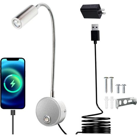 3W Lampe de chevet murale LED avec interrupteur tactile dimmable et port de charge USB,liseuse de lit pivotante à 360° avec prise et câble pour chambre, 3000-6000K,argent [Classe énergétique B] (1/5)