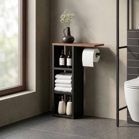 Mobile Portarotolo Trond Supporto Porta Carta Igienica 60 x 40 x 16 cm - Nero/Effetto Noce [en.casa] (1/5)