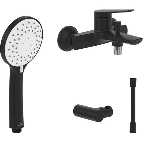 Villeroy & Boch Oasis Set de robinetterie de baignoire apparente (4 en 1 Bundle), robinetterie de baignoire y compris robinetterie, douchette à main, flexible de douchette et support de douchette, noi (1/4)