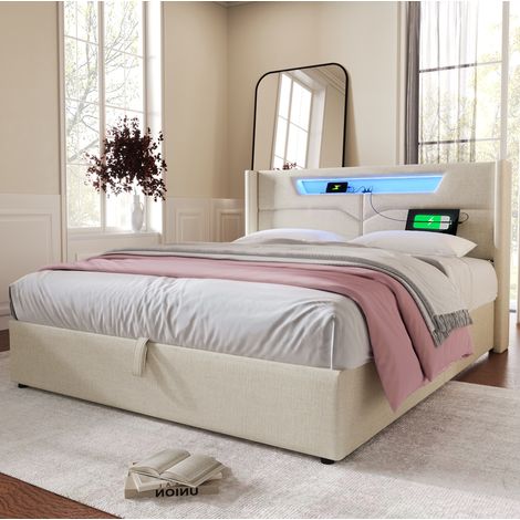 Cama con espacio de almacenamiento de lino beige 140x200 cm con LED, USB y Type-C, somier de láminas incluido (1/5)