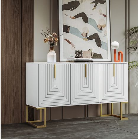 Credenza bianca da soggiorno con 3 ante e ripiani regolabili, maniglie in metallo e zoccolo, per sala da pranzo e cucina (1/5)