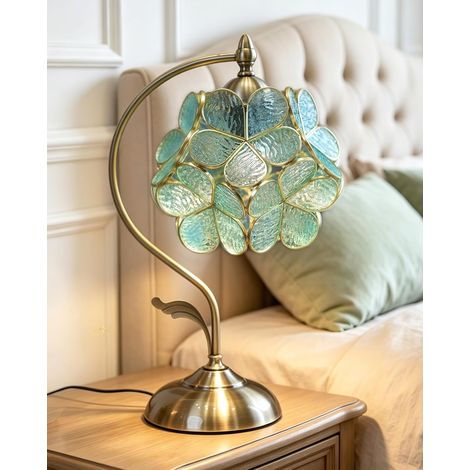 Lampe vintage en vitrail à motif de fleurs de cerisier avec base en laiton, idéale pour la décoration de chambre à coucher (bleu vert) (1/5)