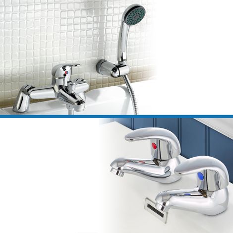 Studio Contemporary Set Of Twin Basin Taps & Bath Shower Mixer Tap With Handheld Kit (1/5)