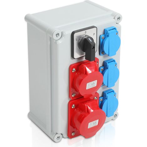 Jiubiaz Distributore di corrente a parete con interruttore a camme L-0-P e MCB, distributore di corrente da cantiere con 3 prese CEE 16/32A con messa a terra
