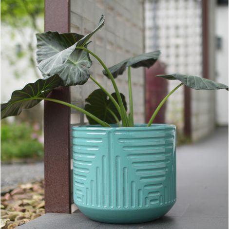 Vaso da fiori rotondo in ceramica Ø 42,8 cm turchese smaltato con foro di drenaggio OKWISH (1/5)