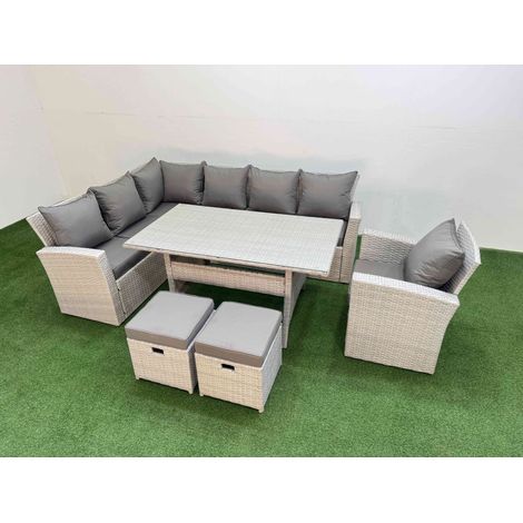 Fimous 9 Seater Rattan Garden Furniture Set Outdoor Patio Dining Corner Sofa Sets with Dining Table Chair 2 Small Footstools Light Grey Mixed (1/5)